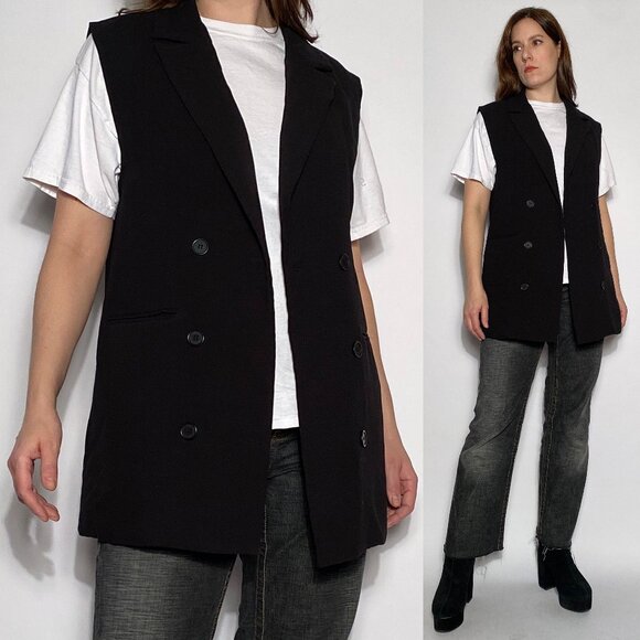 Forever 21 Black Oversized LONG Vest Sleeveless Jacket Top! Medium Blazer Top - Picture 1 of 8